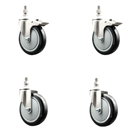 Service Caster 5 Inch 316SS Black Polyurethane 10mm Threaded Stem Caster Lock Brake, 2PK SS316TSTTL20S514-PPUB-BLK-M1015-2-S2